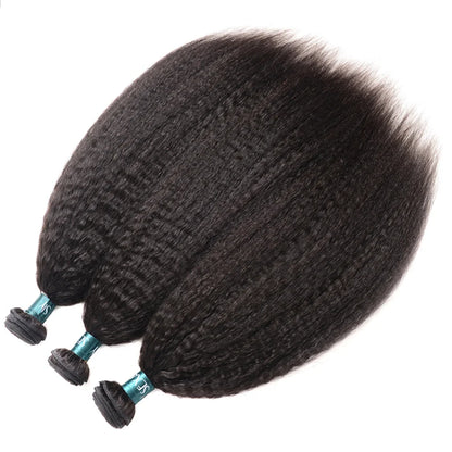 Kinky Straight Bundles With Closure Free Part Brazilian Coarse Yaki Human Hair Weave Bundles With HD Transparent Lace Frontal