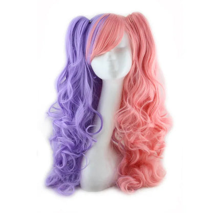 Synthetic Hair Wigs Cosplay Wig With Bangs Wavy Costume Wigs For Women Long Two Claw Clip Ponytail Wig Pink Red Blue Black White