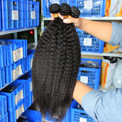 Kinky Straight Bundles Weave Coarse Yaki Straight Weaving Raw Indian Human Hair Bundles With Closure Hair Extensions For Women