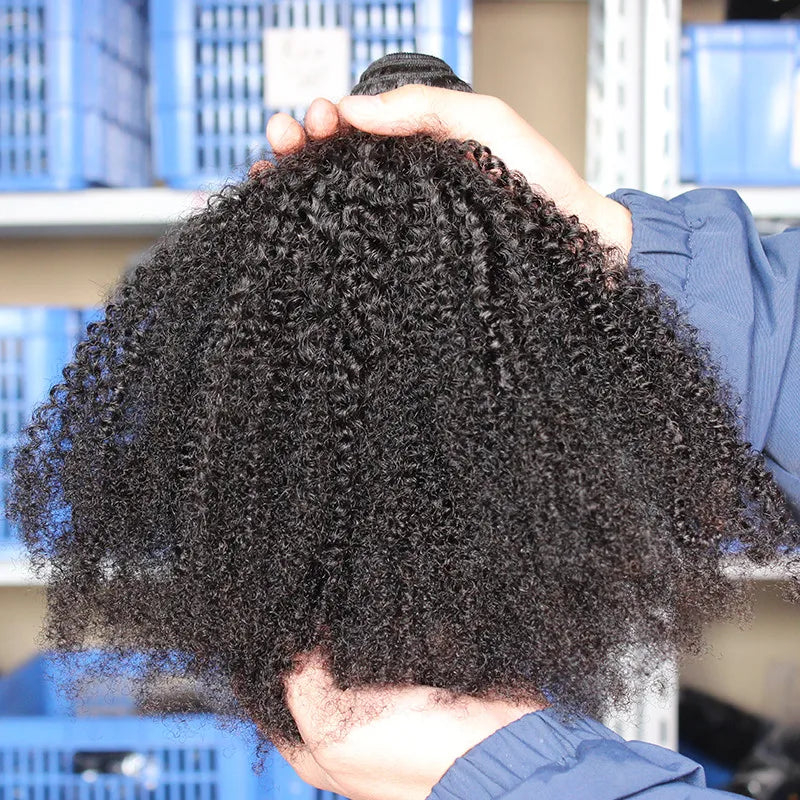 Mongolian Afro Kinky Curly Hair Weave With Closure Natural Black 4B 4C Virgin Human Hair Bundles Extension 3 Dolago Products
