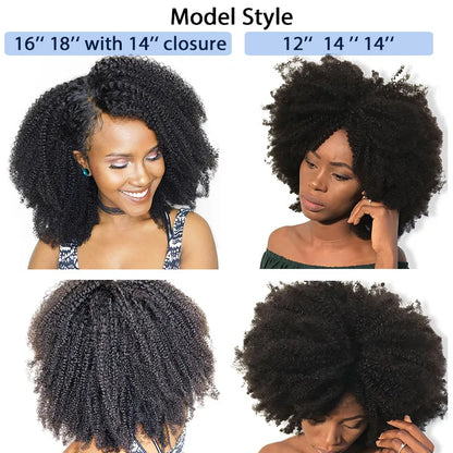 Mongolian Afro Kinky Curly Hair Weave With Closure Natural Black 4B 4C Virgin Human Hair Bundles Extension 3 Dolago Products