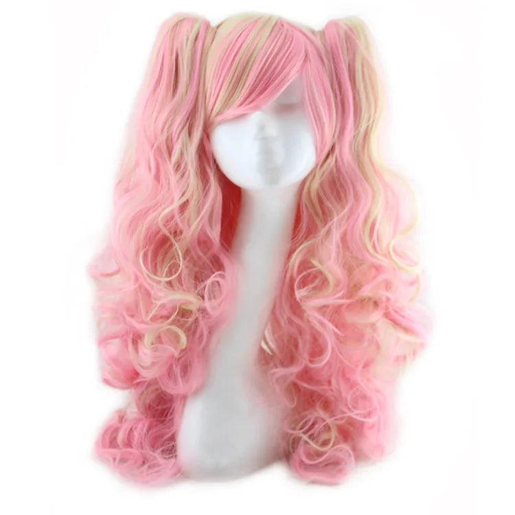 Synthetic Hair Wigs Cosplay Wig With Bangs Wavy Costume Wigs For Women Long Two Claw Clip Ponytail Wig Pink Red Blue Black White