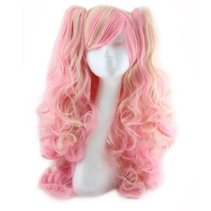 Synthetic Hair Wigs Cosplay Wig With Bangs Wavy Costume Wigs For Women Long Two Claw Clip Ponytail Wig Pink Red Blue Black White
