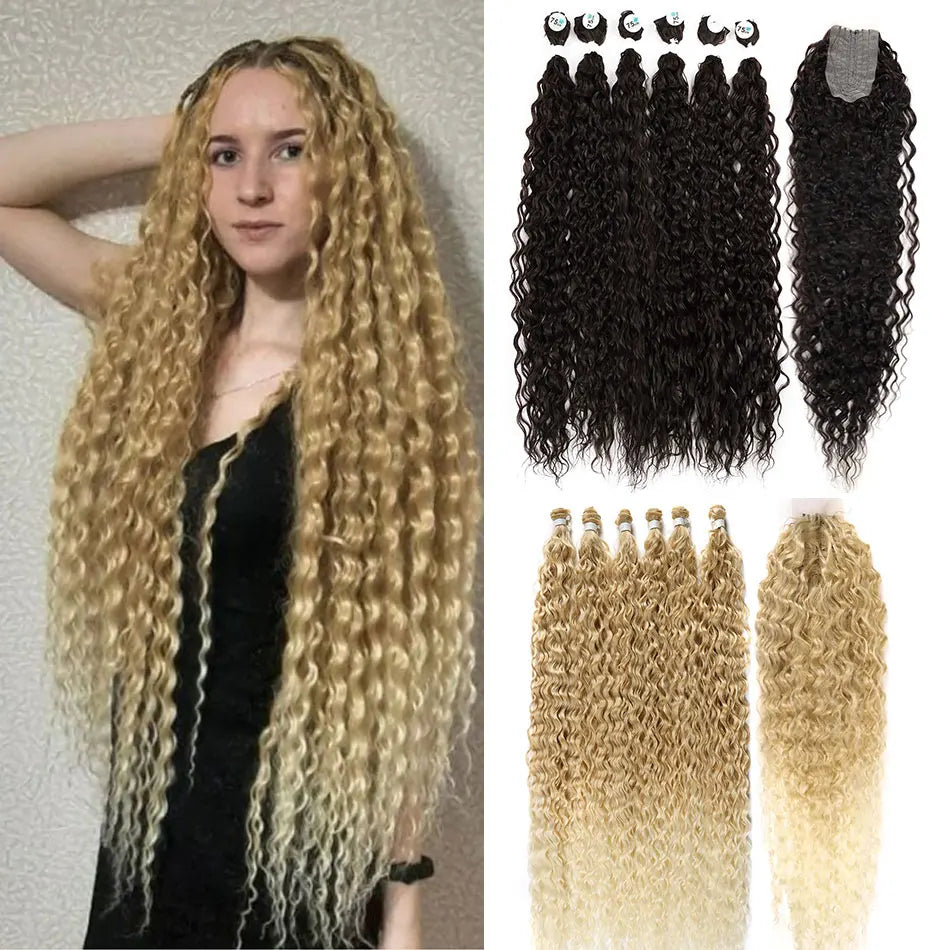 Synthetic Blonde Bundles With Closure Organic Fake Hair Extensions Tangle Free Loose Wave Bundles 32Inch Ombre Long Curly Wig