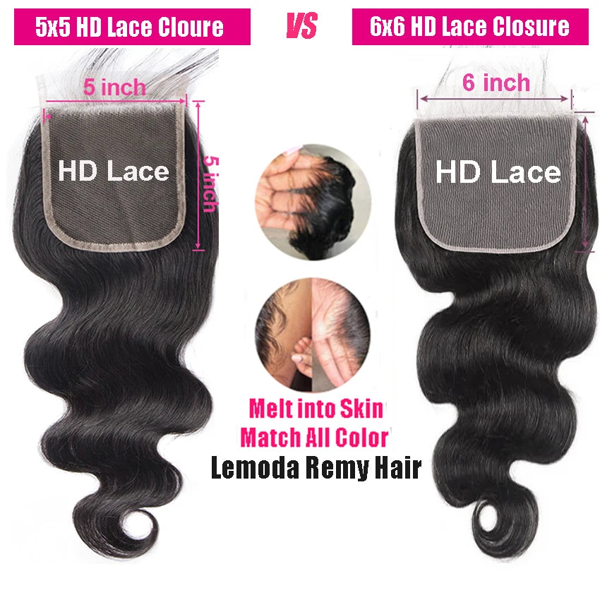 4x4 5x5 6x6 HD Lace Closure Only Body Wave Transparent Lace Frontal Closures Remy Brazilian Human Hair Lemoda HD Lace Closure