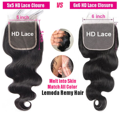 4x4 5x5 6x6 HD Lace Closure Only Body Wave Transparent Lace Frontal Closures Remy Brazilian Human Hair Lemoda HD Lace Closure