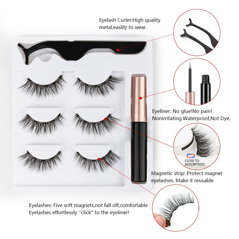 1/3/4Pairs Magnetic Eyelashes False Lashes Repeated Use Eyelashes Waterproof Liquid Eyeliner With Tweezer Make Up Sets Hotting