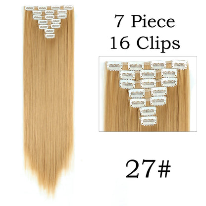 24Inchs 16 Clips in Hair Extensions Long Straight Hairstyle Synthetic Blonde Black Hairpieces Heat Resistant False Hair