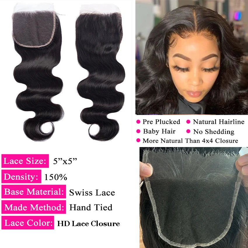 4x4 5x5 6x6 HD Lace Closure Only Body Wave Transparent Lace Frontal Closures Remy Brazilian Human Hair Lemoda HD Lace Closure