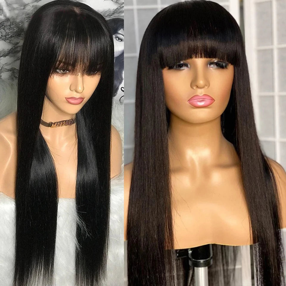 Raw Indian 100% Human Hair Wig With Bangs 32 34 Inch Full Machine Made Wigs With Bangs Long Hair Remy Hair Black Wig With Bangs