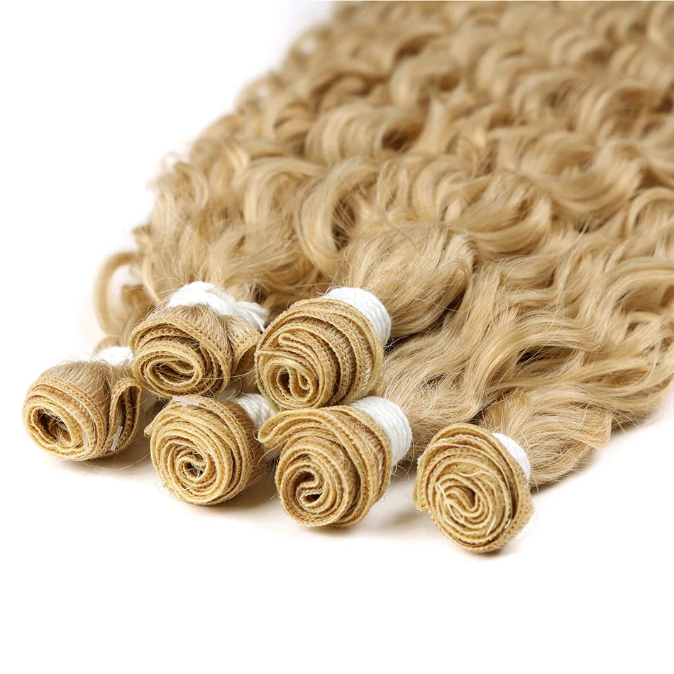 Synthetic Blonde Bundles With Closure Organic Fake Hair Extensions Tangle Free Loose Wave Bundles 32Inch Ombre Long Curly Wig