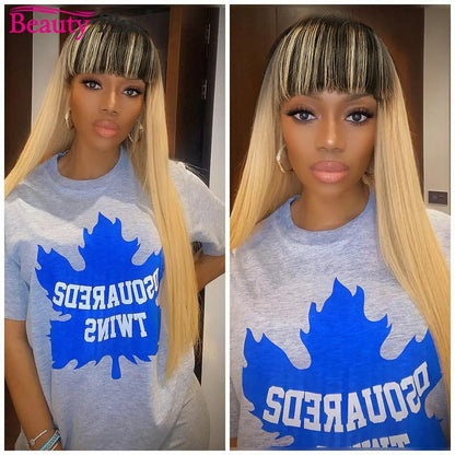 Raw Indian 100% Human Hair Wig With Bangs 32 34 Inch Full Machine Made Wigs With Bangs Long Hair Remy Hair Black Wig With Bangs