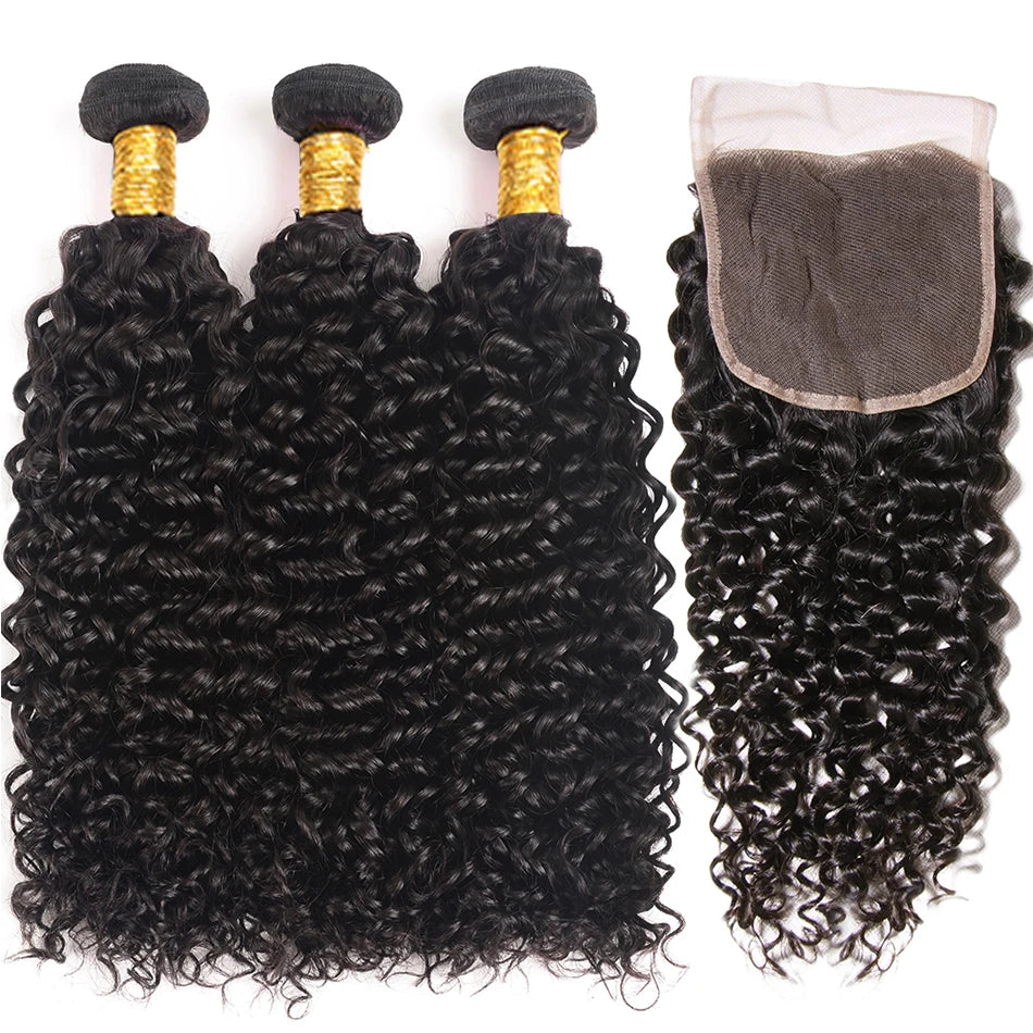 12A Malaysian Kinky Curly Bundles With Closure Virgin Human Hair Bundles With Closure Water Deep Wave 3 Bundles With Closure