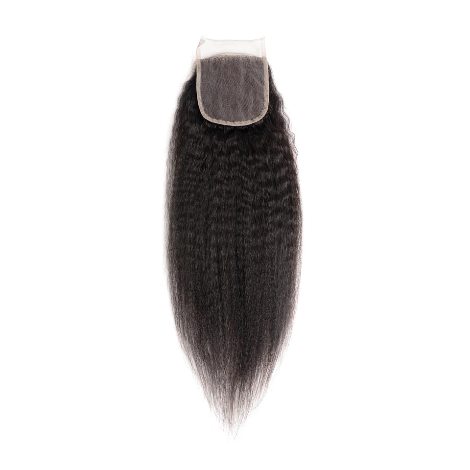 Kinky Straight Bundles With Closure Free Part Brazilian Coarse Yaki Human Hair Weave Bundles With HD Transparent Lace Frontal