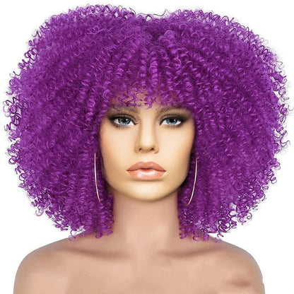 Short Afro Kinky Curly Wig With Bangs For Black Women Synthetic Ombre Glueless Colorful Wig Cosplay Party Halloween Wigs