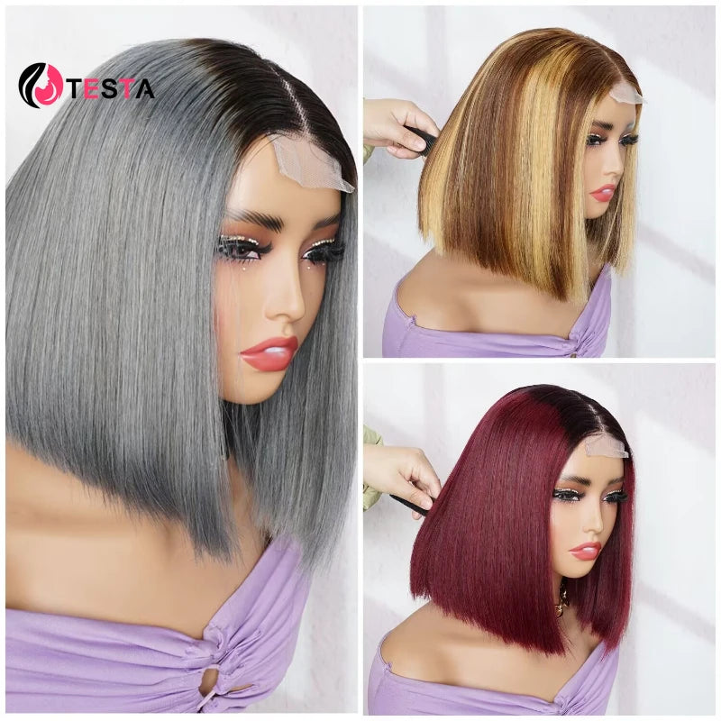 Vietnamese Bone Straight Super Double Drawn Bob Wig Human Hair Omber Grey Wigs 2*4 Lace Closure Wigs Middle Part Kim Closure300%