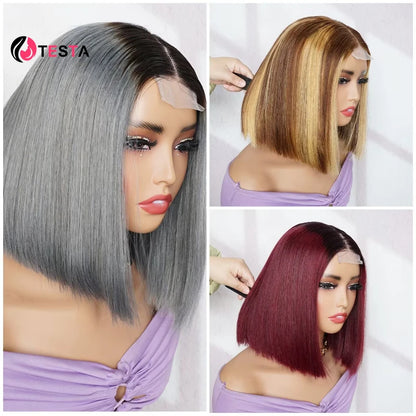 Vietnamese Bone Straight Super Double Drawn Bob Wig Human Hair Omber Grey Wigs 2*4 Lace Closure Wigs Middle Part Kim Closure300%