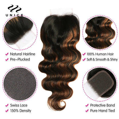 UNICE Brazilian Hair Bundles with Closure Body Wave 3 Bundles with Closure HoneyBlonde Highlight Human Hair Closure and Blundles