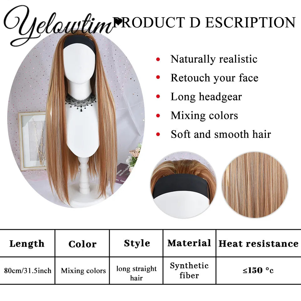 32inch Headband Wig Straight Hair Wig Women Brown High Gloss Synthetic Headband Wig gold mixed color