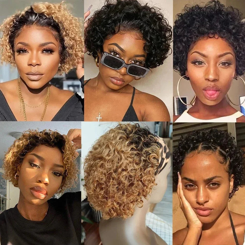 Peruvian Hair Short Inch Curly Pixie Cut Wig Hair with Bangs Cheap Price Bob with Bangs Wig Natural Black Short Wigs For Women