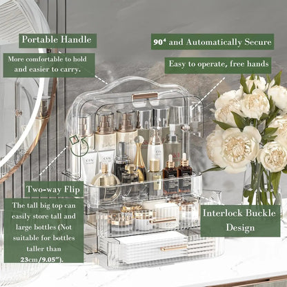 Cosmetics Storage Box With Lid and Handle Large Makeup Organizer Box Drawers for Skincare Display Cases Countertop, Bathroom