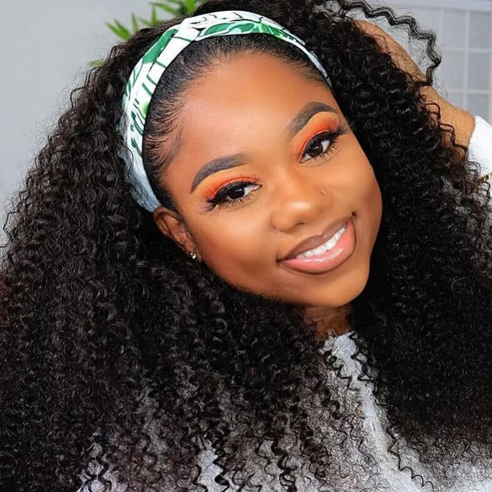 Malaysia Kinky Curly Human Hair Headband Wig For Black Women 180% Density Glueless Remy Jerry Curl Full Machine Made Hair