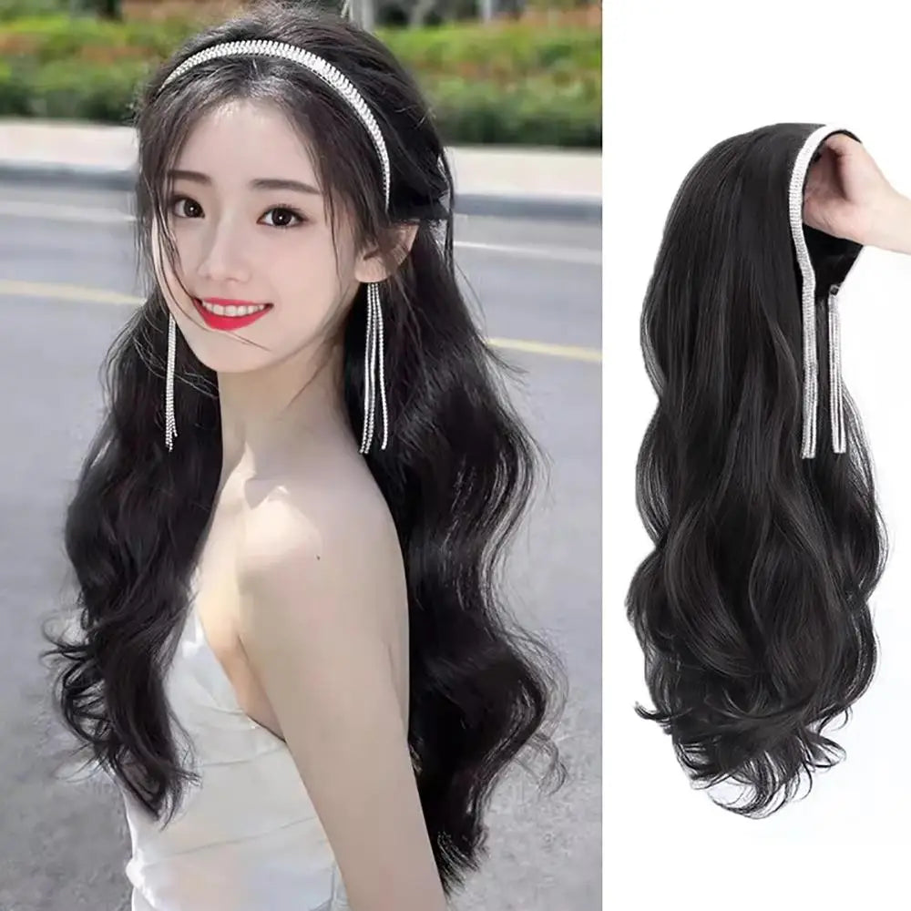 Women's Long Hair Headband  Synthetic  Wig Integrated Long Curly Hair Detachable U-shaped Half Head Cover Wig