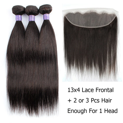 Human Hair Bundles with 13x4 Lace Frontal Closure Straight Pre-Plucked Transparent Lace 60g/pc Black Hair Bundle BOBBI