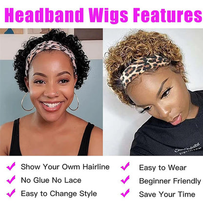 Headband Wig Human Hair Short Pixie Wigs for Women  Headband Half Wig Human Hair Machine Made Wigs