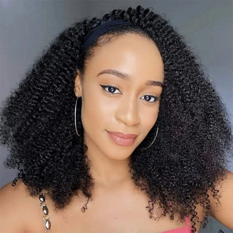 Afro Kinky Curly Human Hair Wigs For Women Headband Scarf Wig Full Machine Made Raw Indian Hair Natural Color