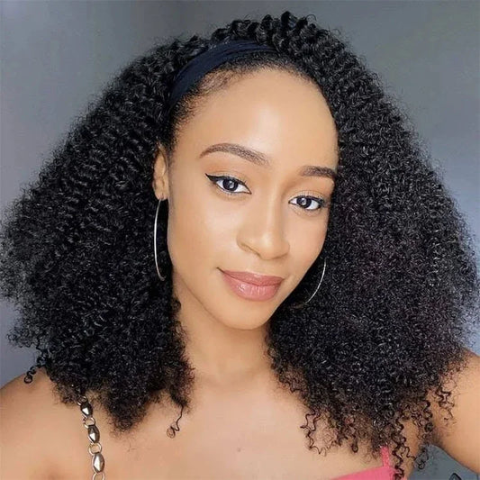 Afro Kinky Curly Human Hair Wigs For Women Headband Scarf Wig Full Machine Made Raw Indian Hair Natural Color