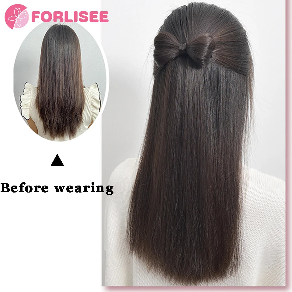 FORLISEE Synthetic Bow Wig Hair Clip Ponytail Straight Hair Half-tied Hair Accessories Natural Grab Clip Low Ponytail