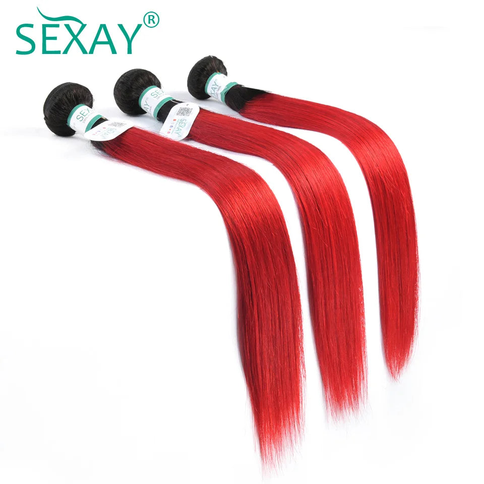 1B Red Bundles With Closure Baby Hair Ombre Straight Human Hair Weave 3 Bundles With 4x4 Transparent Lace Closure Pre Plucked