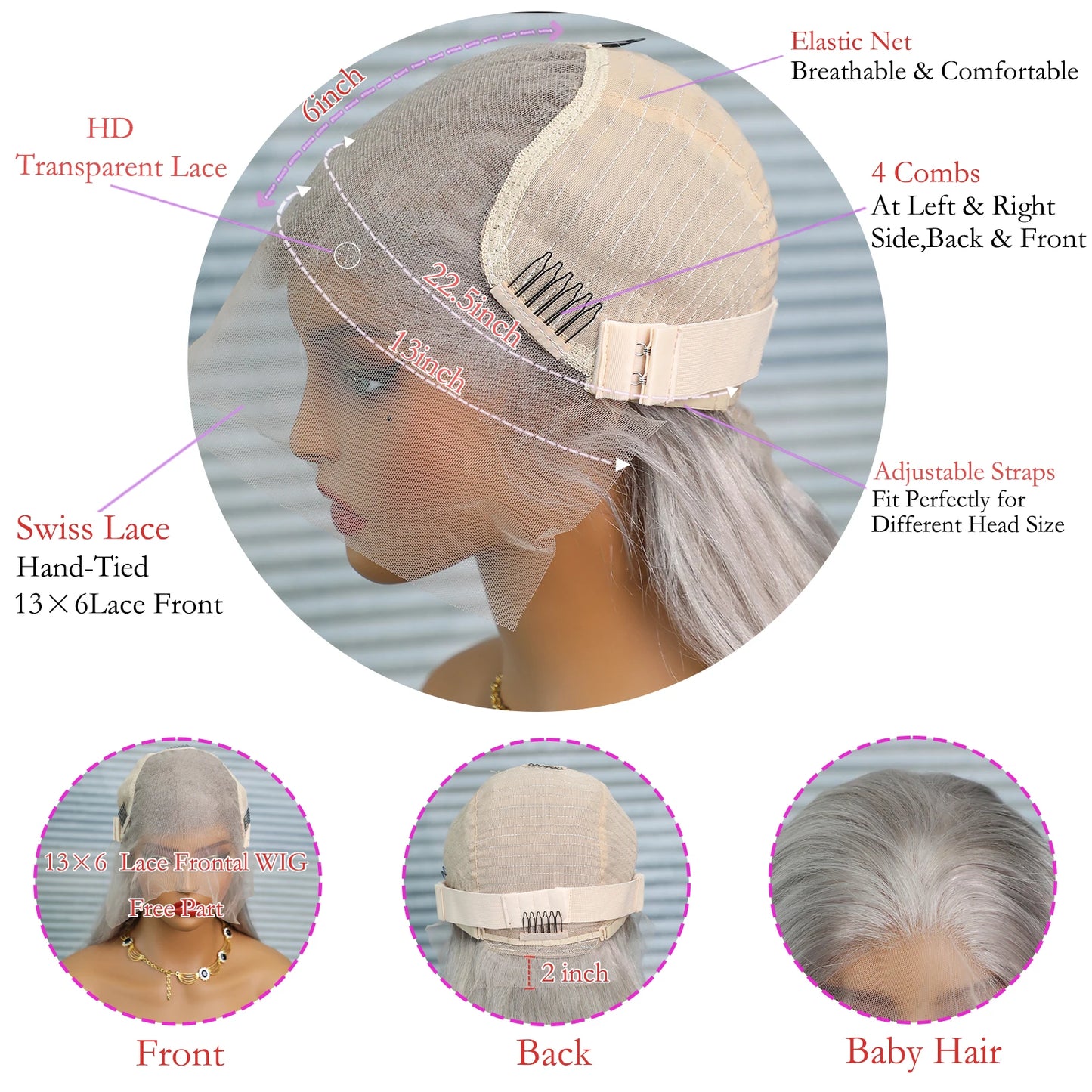 13x6 Straight Lace Front Wig Silver Grey Lace Front Wigs Human Hair Pre Plucked Brazilian Transparent 13x4 Lace Frontal Wig 200%