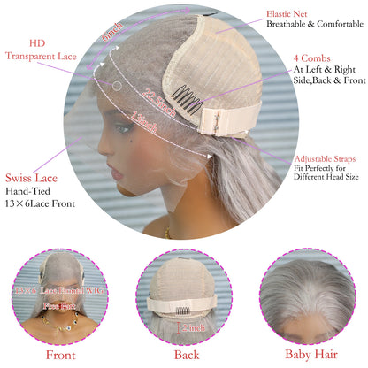 13x6 Straight Lace Front Wig Silver Grey Lace Front Wigs Human Hair Pre Plucked Brazilian Transparent 13x4 Lace Frontal Wig 200%