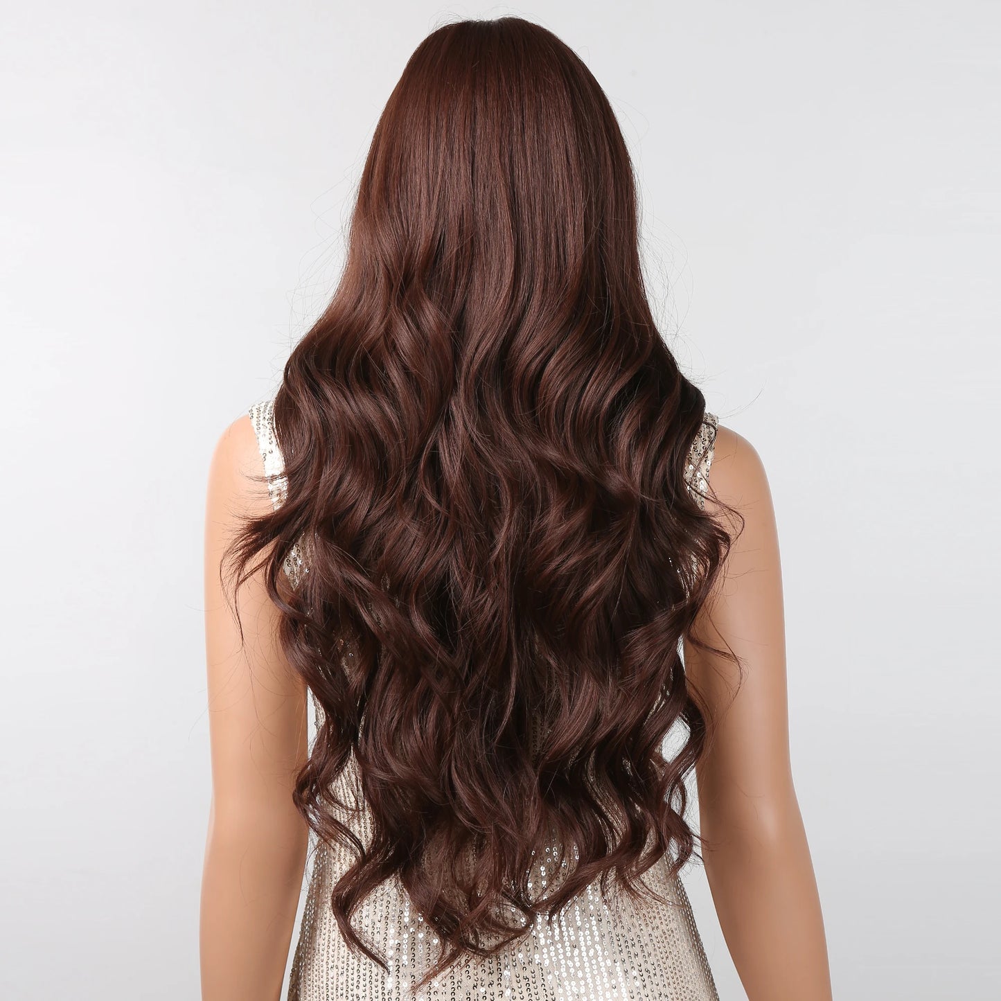 Long Wavy Synthetic Wigs for Women Red Brown Curly Fake Hair Wigs With Bangs Daily Use Party Heat Resistant Wavy Hair Wig