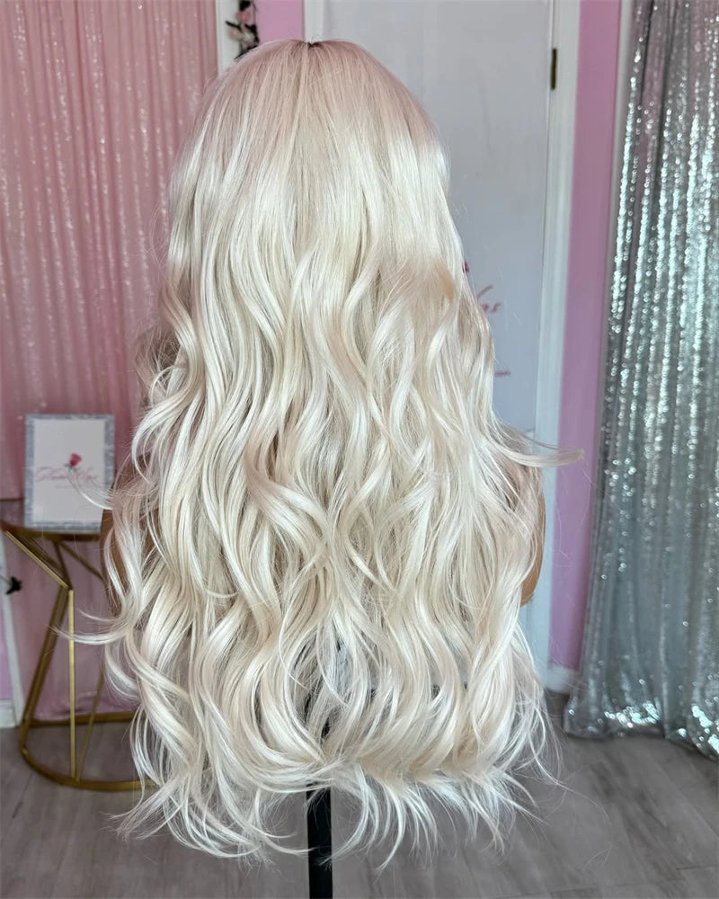 Natural Fringe Bouncy Wavy Synthetic Wig with Bangs White Blonde Icy Dark Roots High Quality Futura Fibre Lace Top Wig Women