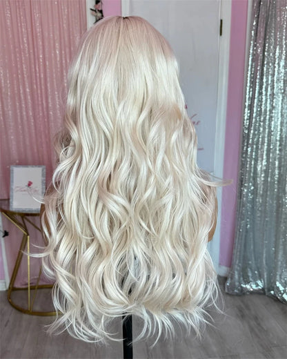 Natural Fringe Bouncy Wavy Synthetic Wig with Bangs White Blonde Icy Dark Roots High Quality Futura Fibre Lace Top Wig Women