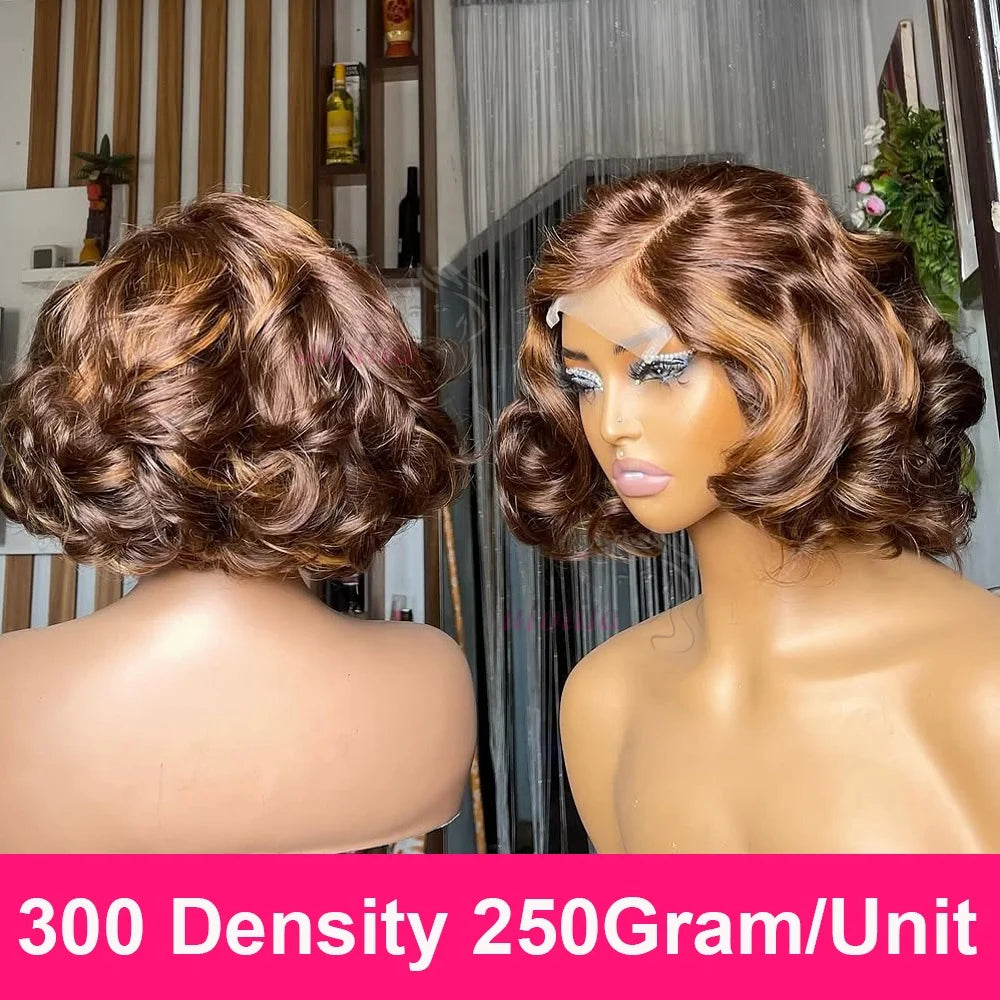 100% Malaysia Hair 300 Density Double Drawn P4 27 Ombre Highlight Bouncy Wave Wear and Go 4x4 Glueless Human Hair Bob Curly Wigs