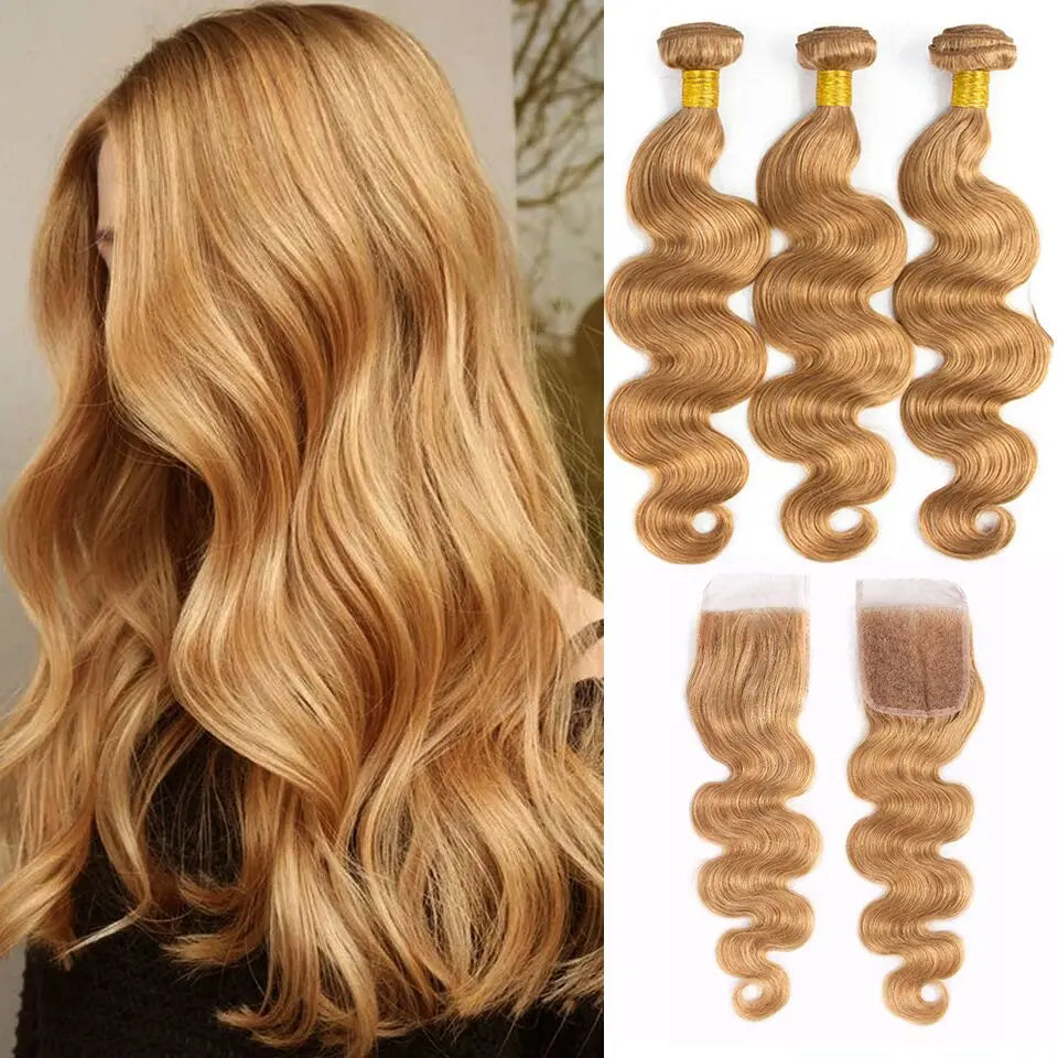 Gold Brown Body Wave Human Hair Bundles with Closure Brazilian Color 30 Remy Human Hair Bundles with 4x4 Lace Closure Free Part