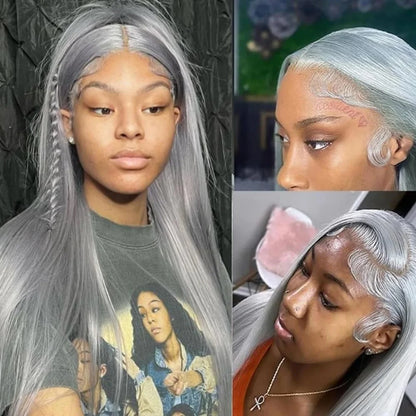 13x6 Straight Lace Front Wig Silver Grey Lace Front Wigs Human Hair Pre Plucked Brazilian Transparent 13x4 Lace Frontal Wig 200%