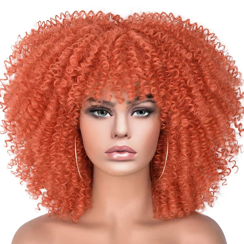 Short Afro Kinky Curly Wig With Bangs For Black Women Synthetic Ombre Glueless Colorful Wig Cosplay Party Halloween Wigs