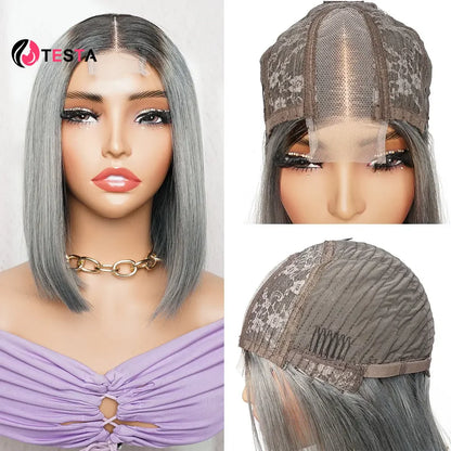 Vietnamese Bone Straight Super Double Drawn Bob Wig Human Hair Omber Grey Wigs 2*4 Lace Closure Wigs Middle Part Kim Closure300%