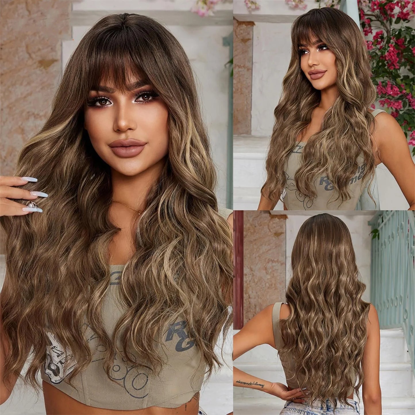 Brown Wavy Wigs for Women with Bangs Long Natural Synthetic Hair Wig Daily Cosplay Heat Resistant