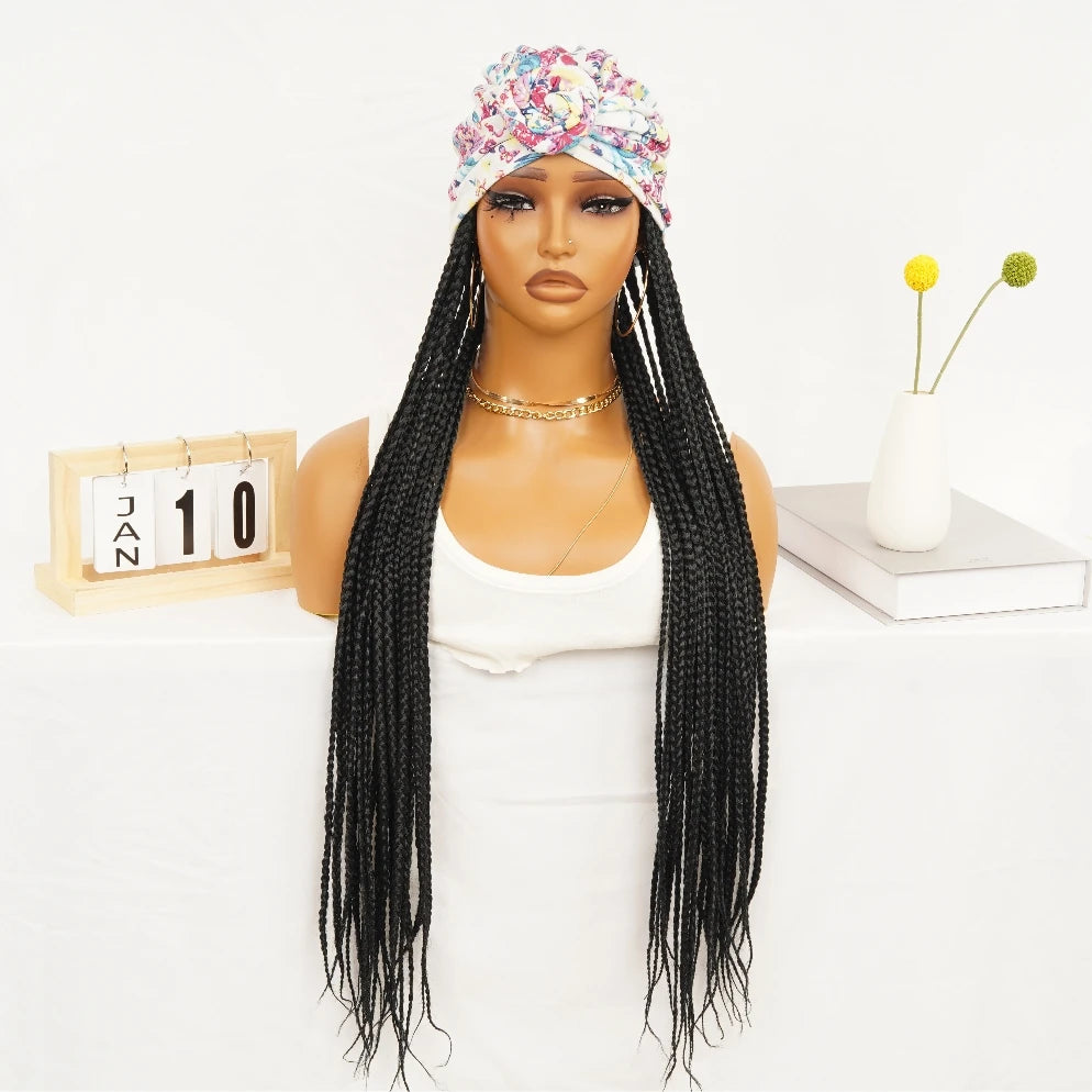 WIGERA Leopard Print Headband Long Braided Synthetic Wig With Turban Hat Box Braiding Hair Extensions Head Scarf  Easy Hairstyle