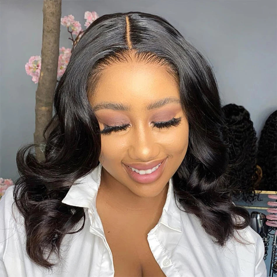 Malaysian Human Hair Wigs Loose Body Wave Bob Wig Pre plucked 13x4 HD Transparent Lace Front Short Bob Wig Natural Color Tissage