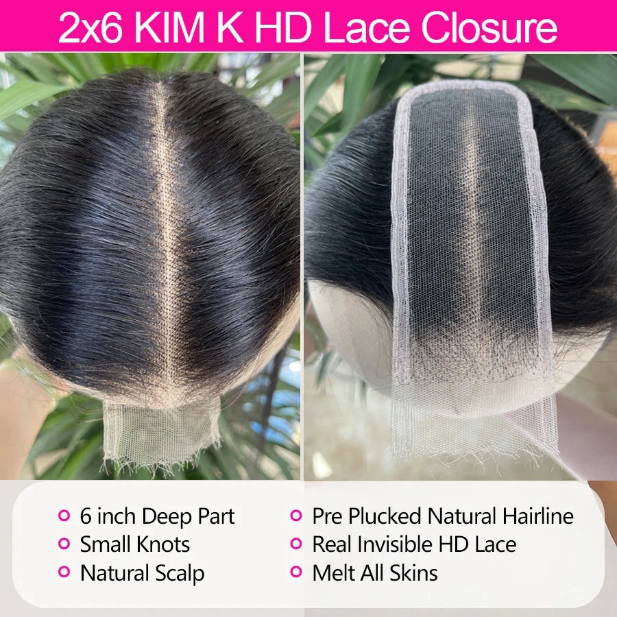 100% Real HD Lace Closure 2x6 Deep Parting HD Lace Human Hair Closures Straight Hair Pre Plucked Body Wave HD Lace Closure Only