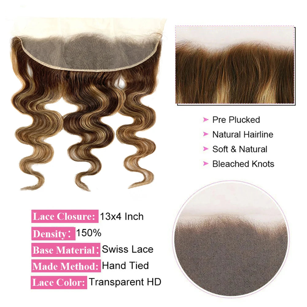 Honey Blonde Bundle With 13x4 Lace Frontal Body Wave Highlight 3 Bundles With Frontal Closure 4/27 Color Human Hair Extensions
