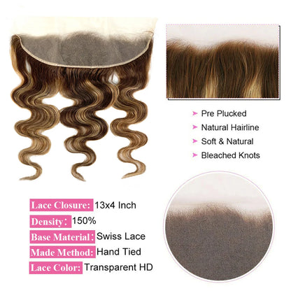 Honey Blonde Bundle With 13x4 Lace Frontal Body Wave Highlight 3 Bundles With Frontal Closure 4/27 Color Human Hair Extensions