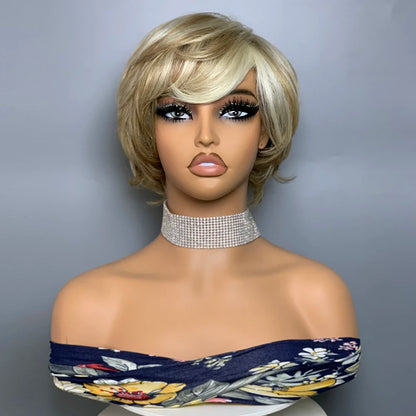 Wavy No Lace Human Hair Wig F8/60# Pixie Cut Wig Short Wig With Bangs Human Hair Wigs For Women Natural Look and Style